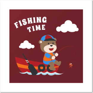 Vector cartoon illustration of cute bear fishing on sailboat with cartoon style. Posters and Art